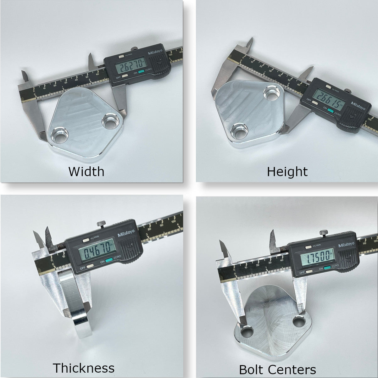 Diamond style fuel pump block off plate caliper measurements showing precise dimensions for domestic import engines rebuild