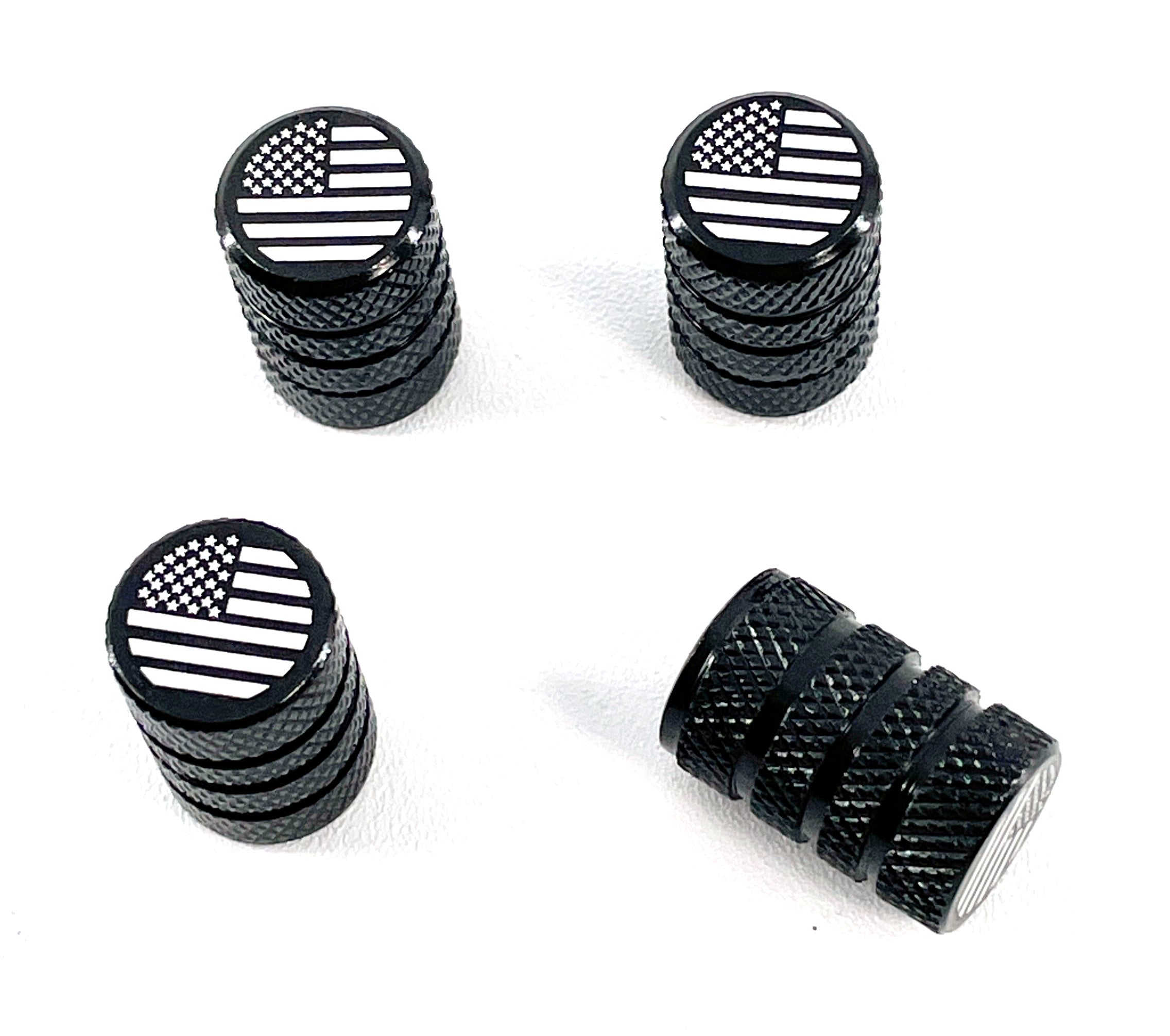 Set of 4 Black Valve Stem Caps with American Flag Logo - Unique Patriotic Car Accessories