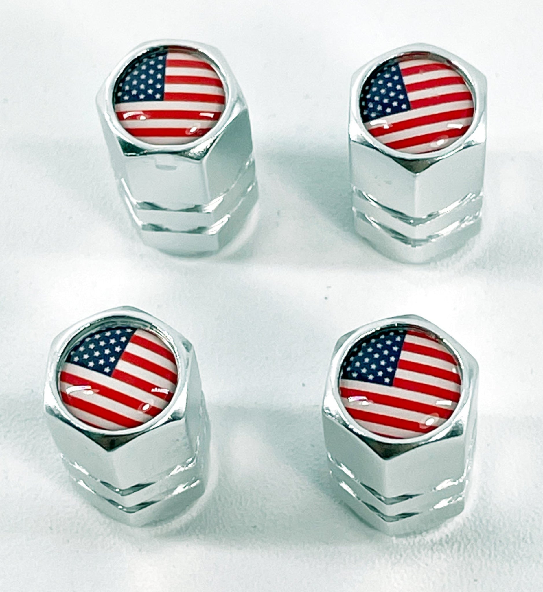 Set of 4 Black Valve Stem Caps with American Flag Logo - Patriotic Car Accessories