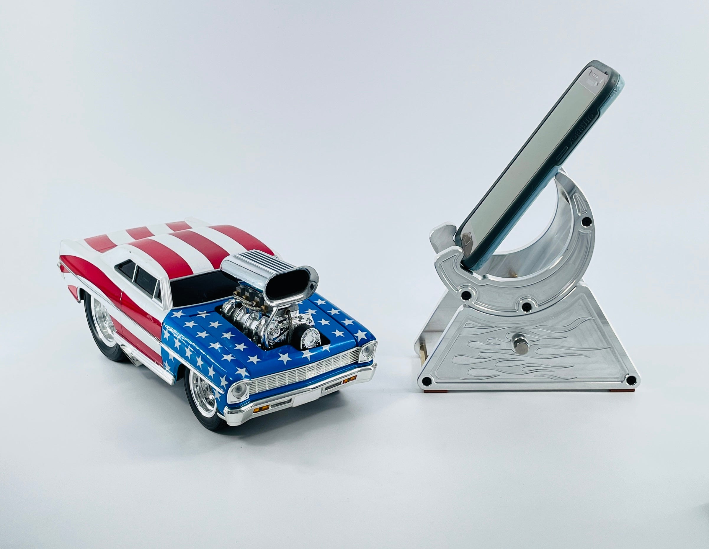 CNC Metal Phone Stand | Hot Rod Flames Design | Car Enthusiast Gift | Made in USA