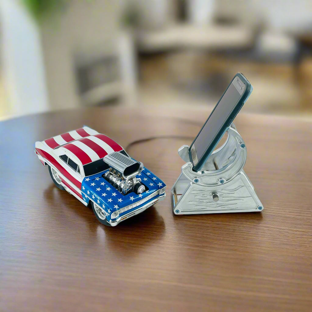 CNC Metal Phone Stand | Hot Rod Flames Design | Car Enthusiast Gift | Made in USA