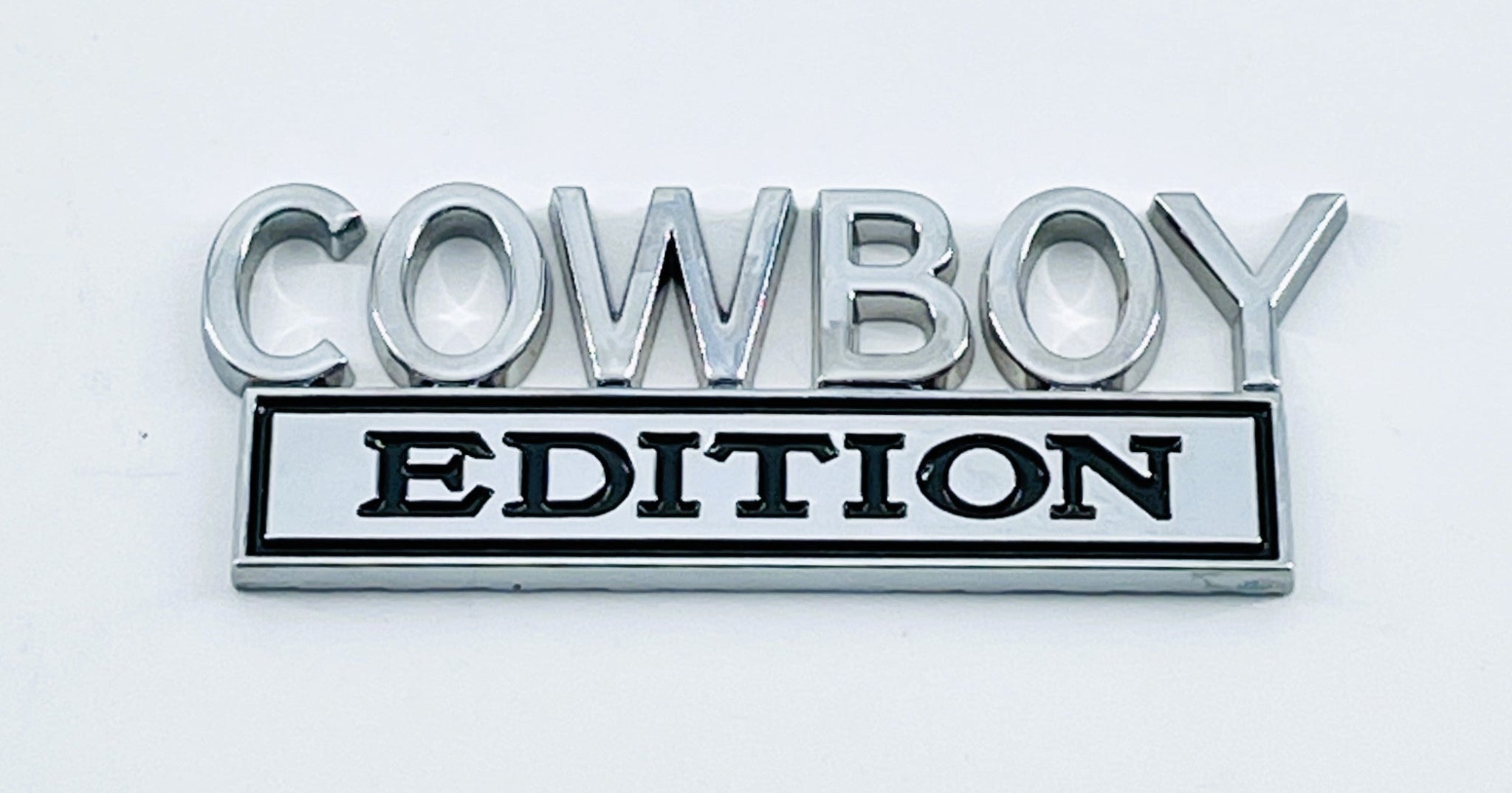 "Cowboy Edition Metal Badge - 3" x 1-1/4" Chrome Auto Emblem - Car Accessory"