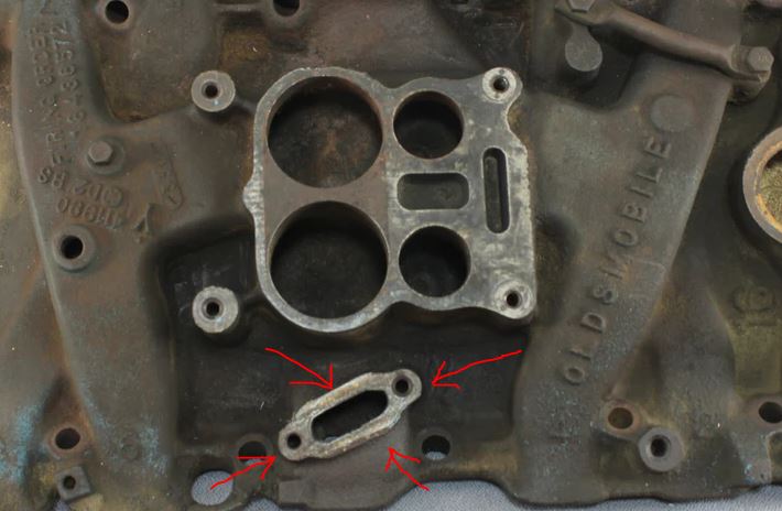 Oldsmobile 403 GM Intake Manifold Choke Tube Location Installation Context for M1007 Block Off Plate