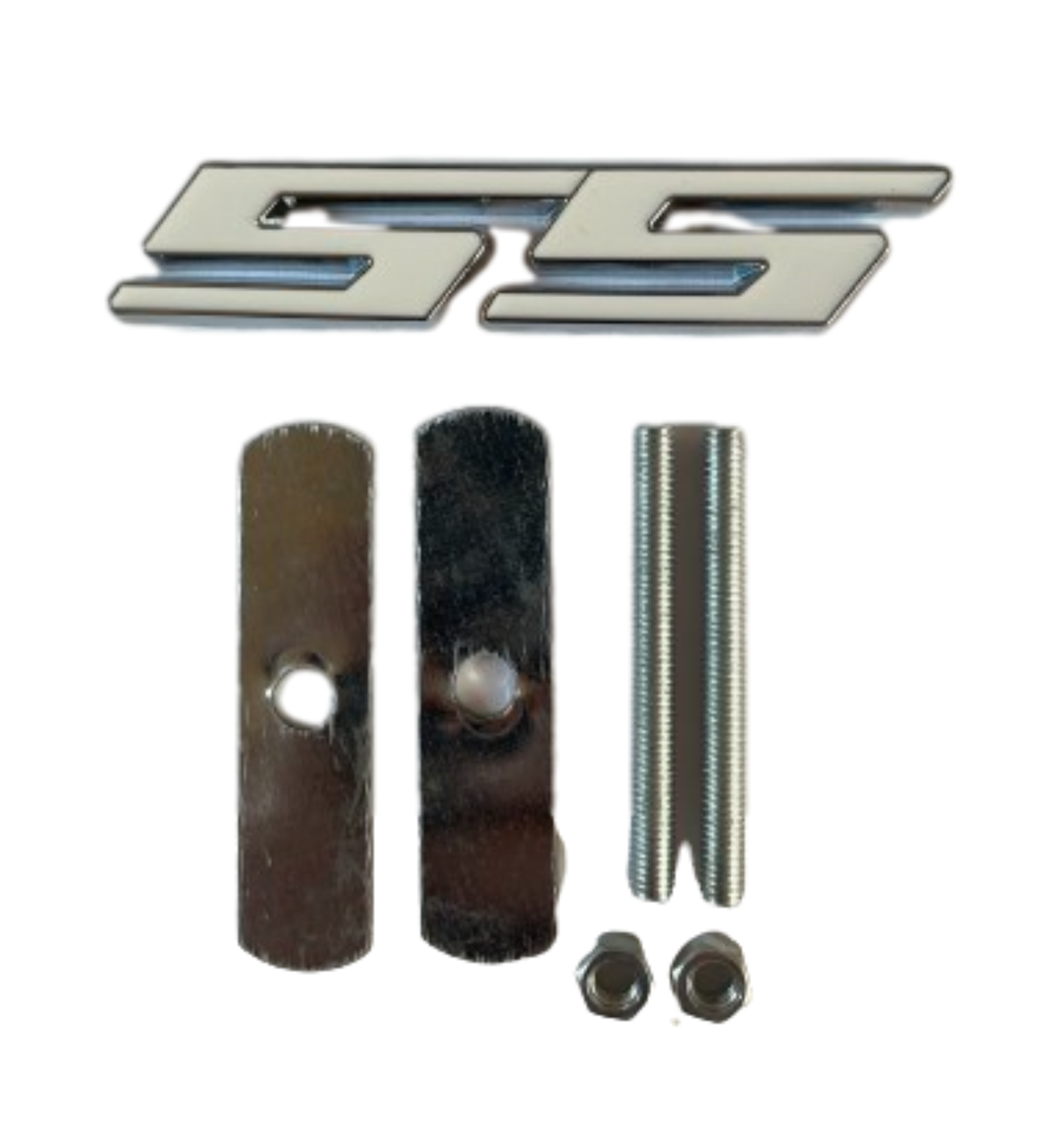 White on Chrome SS Auto Emblem Grill Badge 3.75" x 0.75" - Stylish Car Decal Accessory