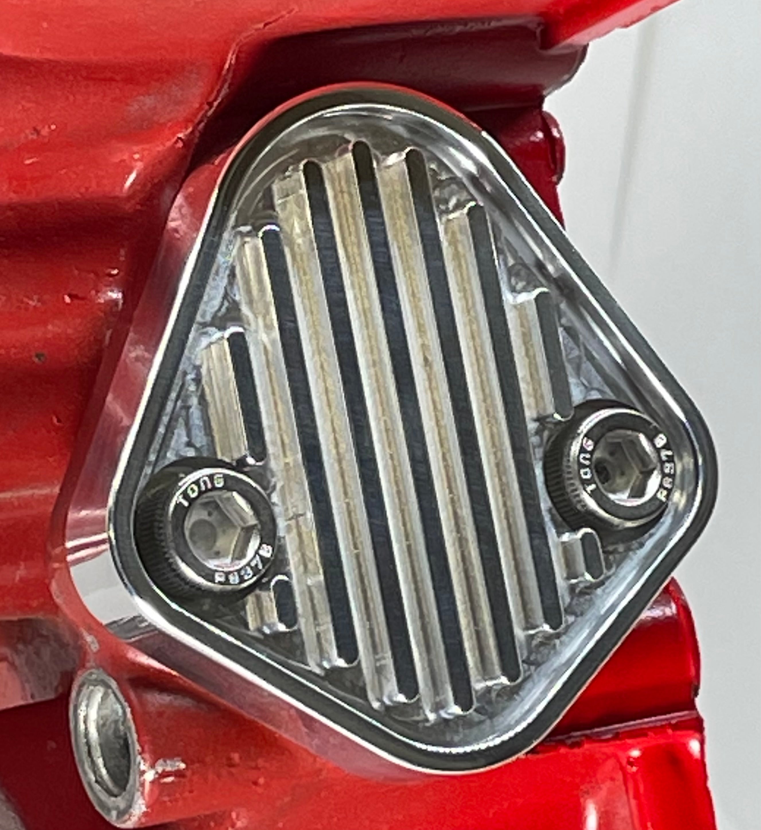 Finned fuel pump block off plate polished aluminum finish racing inspired design AMC V8