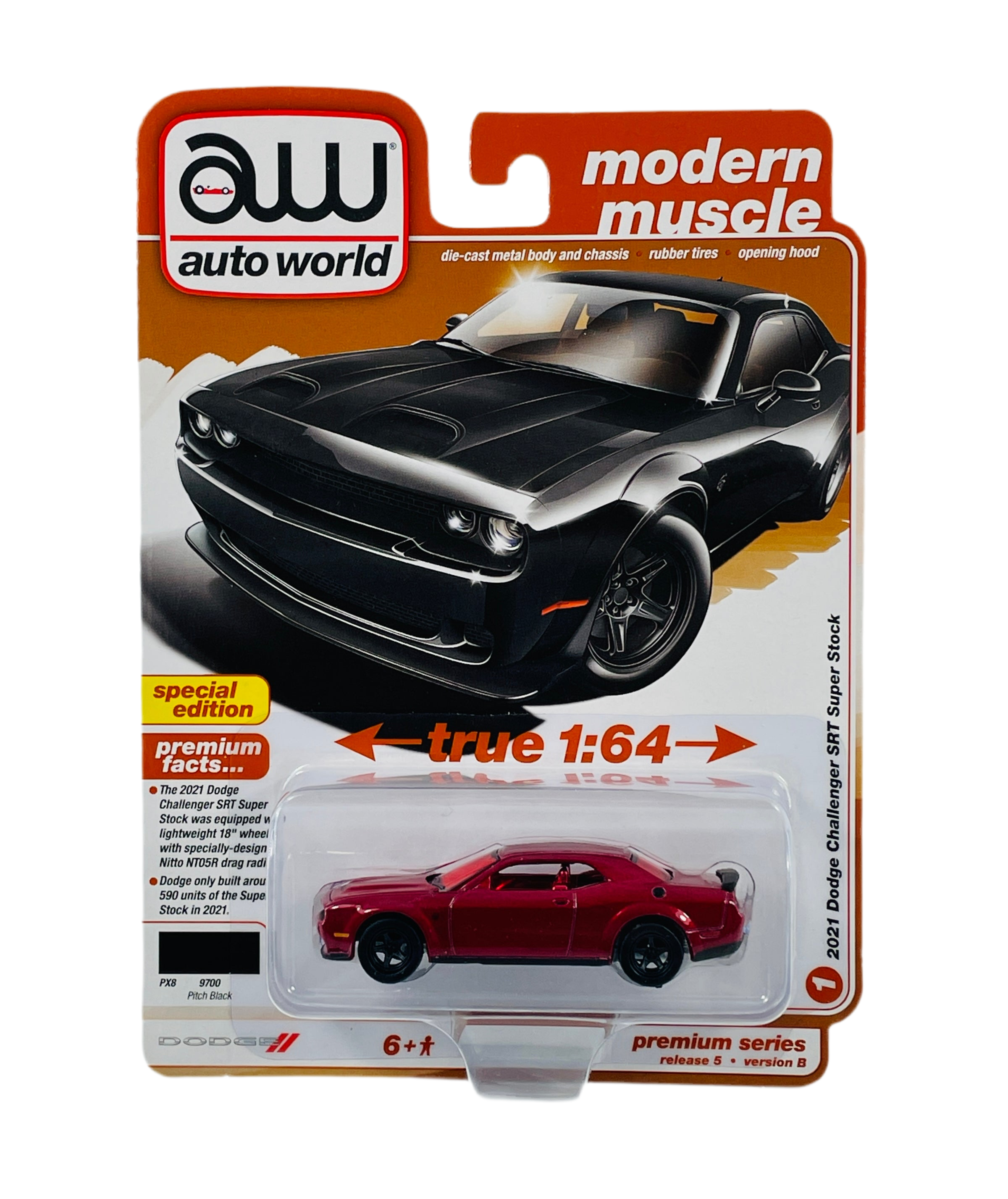 AutoWorld 1/64 2021 Dodge Challenger Super Stock Ultra Red Chase Pitch Black