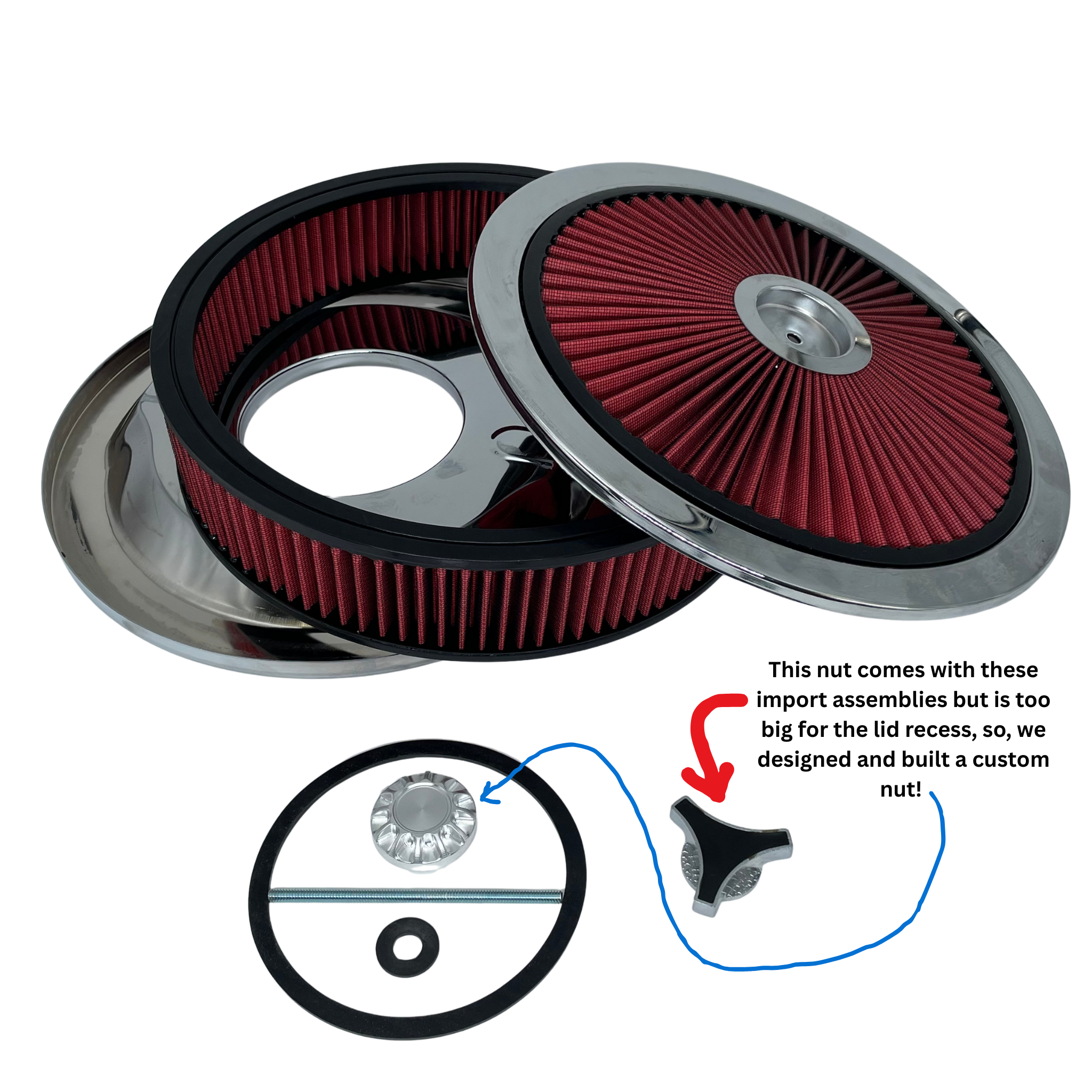 Complete chrome air cleaner kit contents showing custom USA hardware and chrome housing