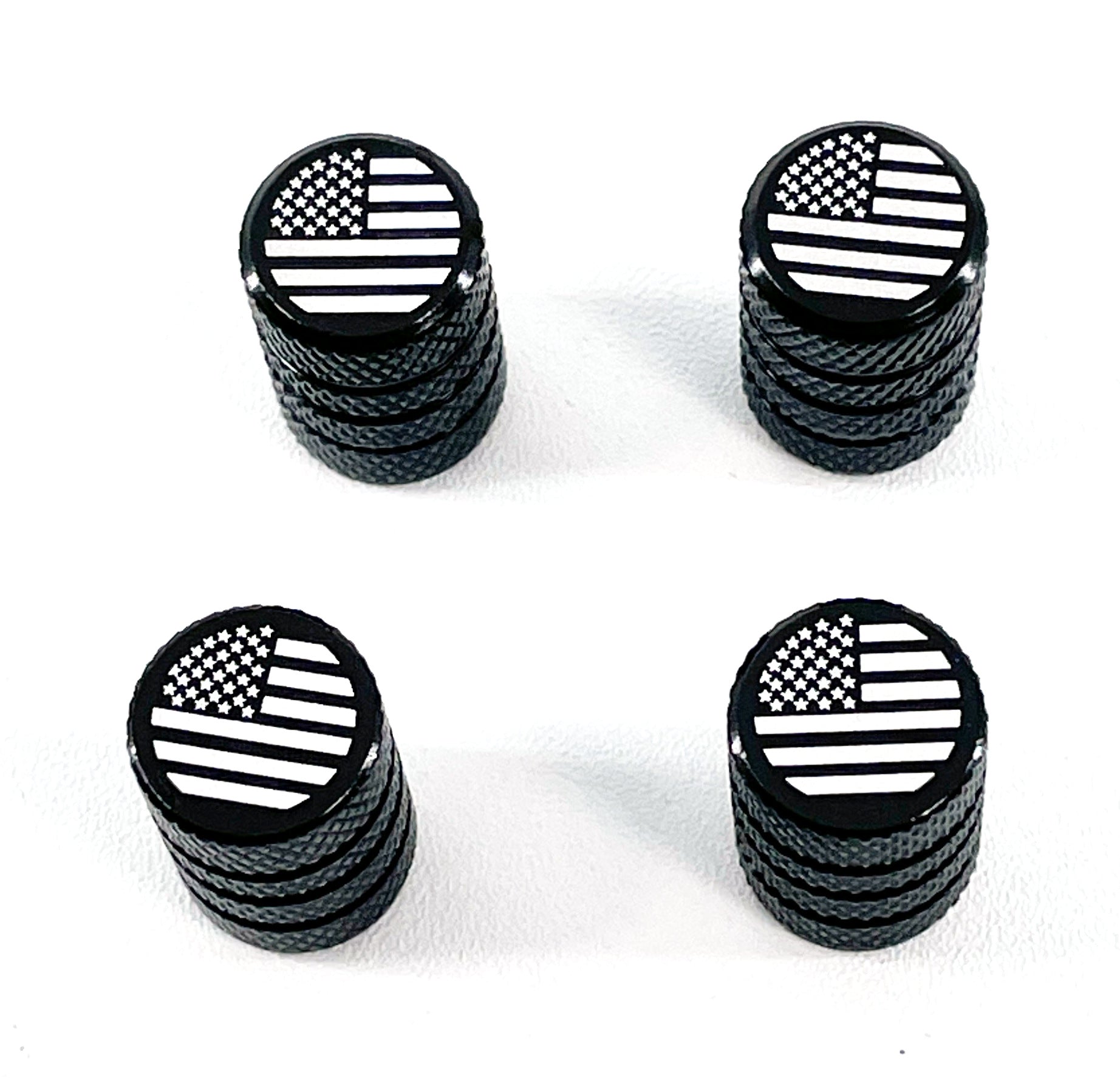 Set of 4 Black Valve Stem Caps with American Flag Logo - Patriotic Car Accessories