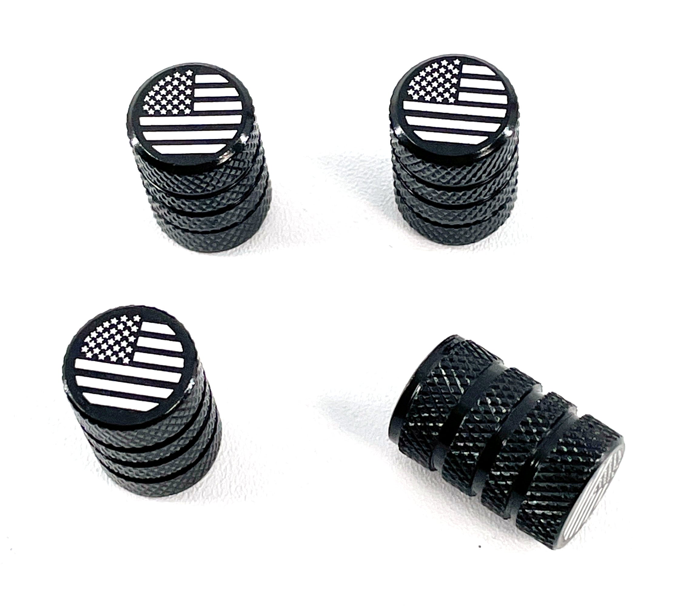 Set of 4 Black Valve Stem Caps with American Flag Logo - Patriotic Car Accessories