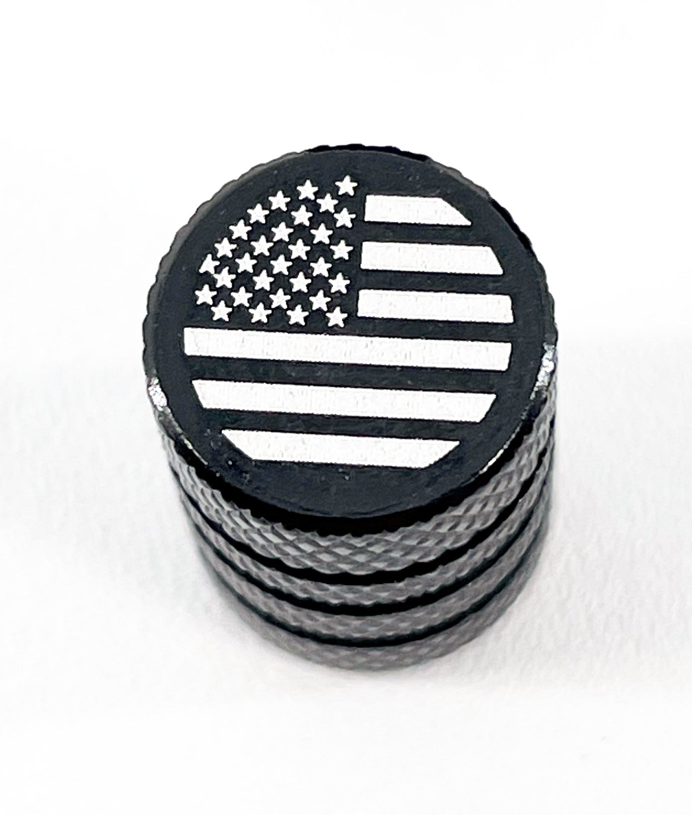 Set of 4 Black Valve Stem Caps with American Flag Logo - Patriotic Car Accessories