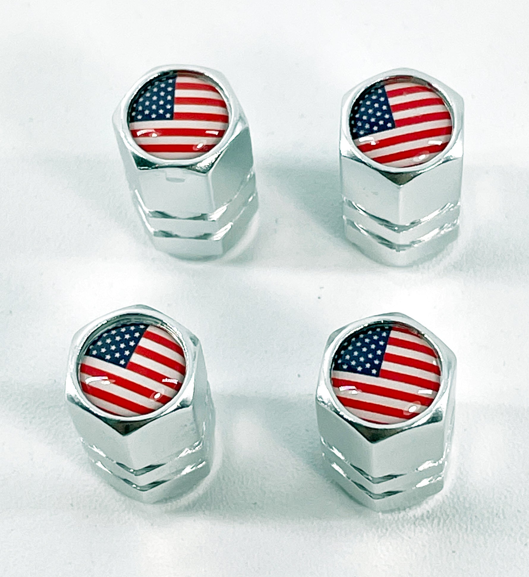 Set of 4 Black Valve Stem Caps with American Flag Logo - Patriotic Car Accessories