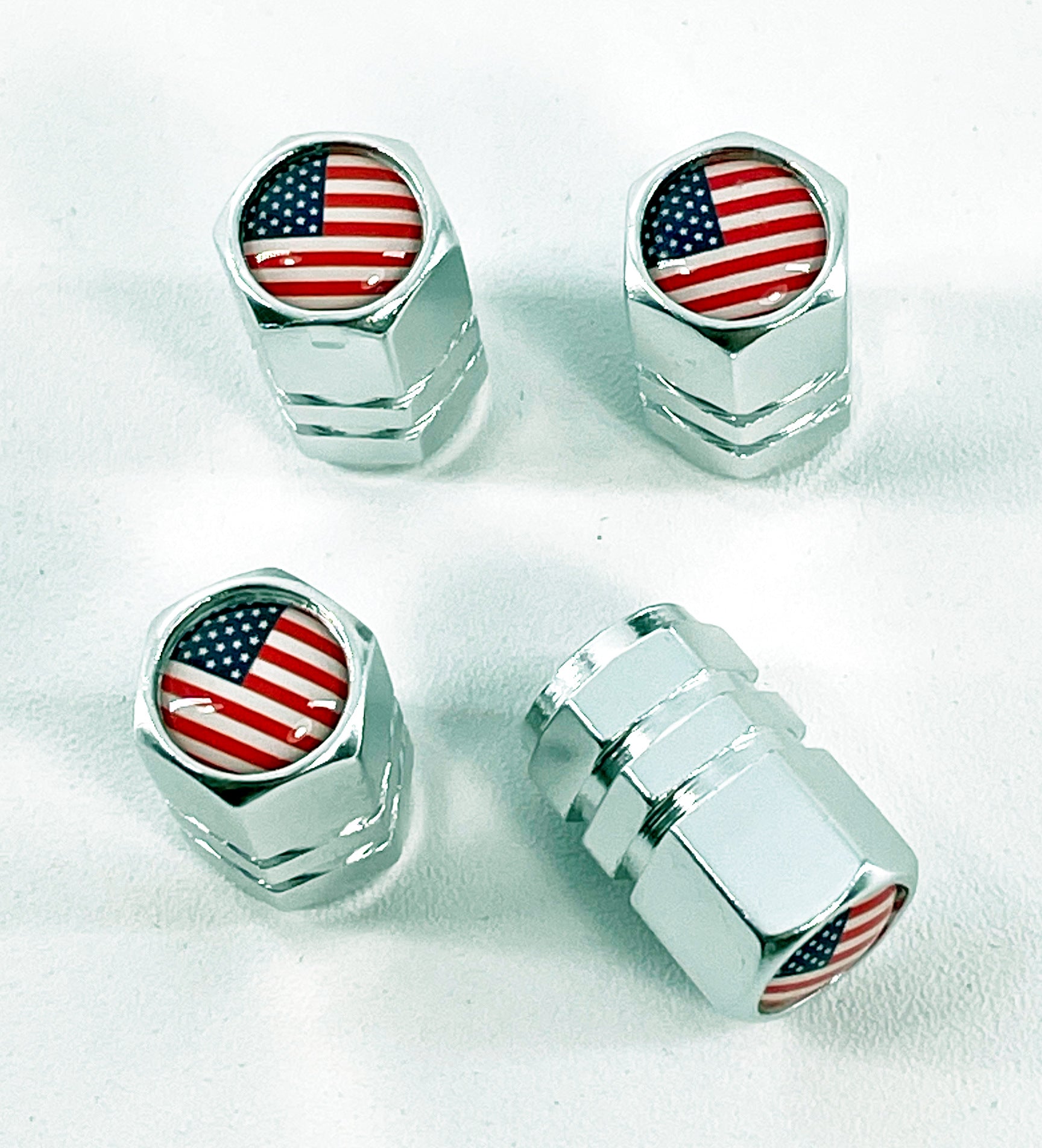 Set of 4 Black Valve Stem Caps with American Flag Logo - Patriotic Car Accessories