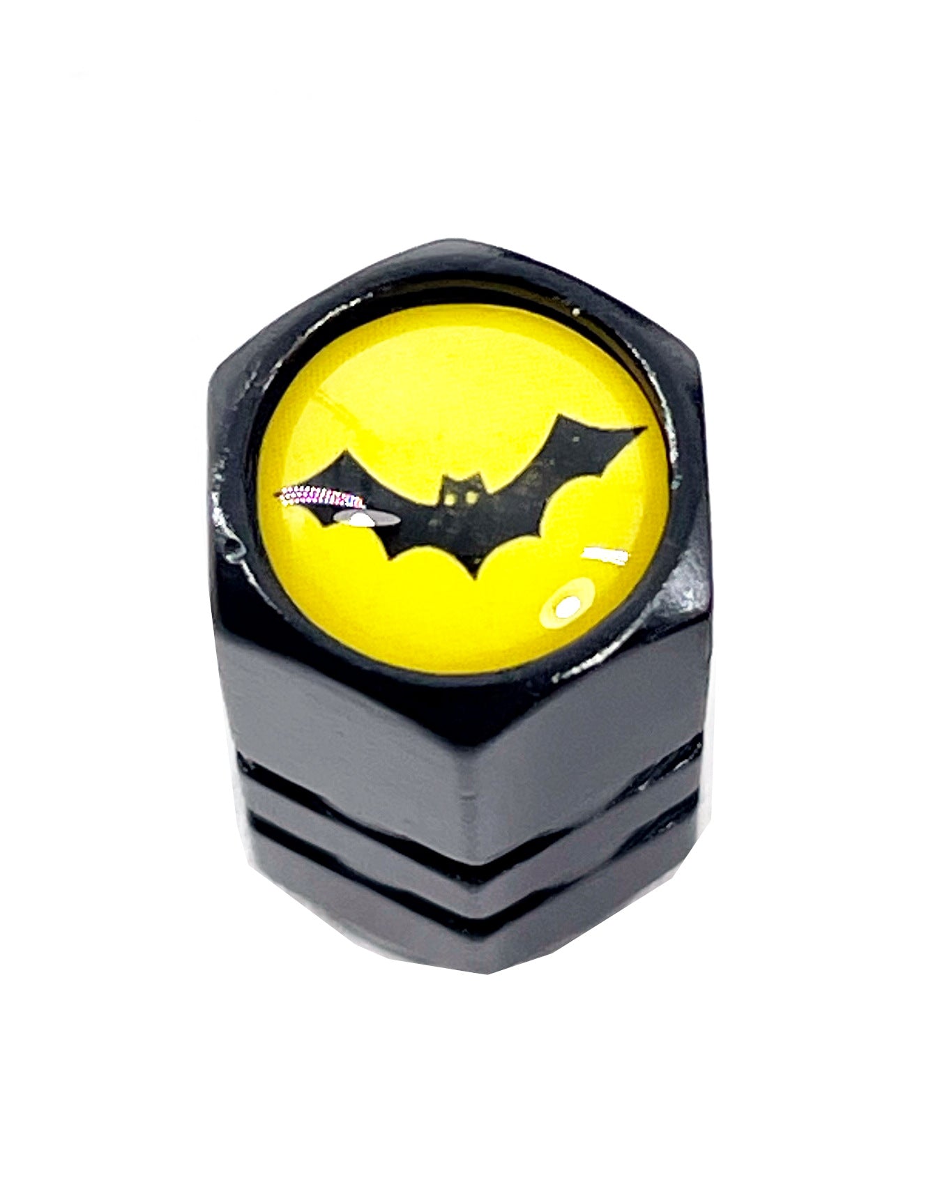 Set of 4 Black Anodized Aluminum Valve Stem Caps with Bat Logo on Yellow Background