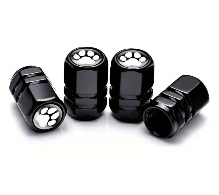 Set of 4 Black Anodized Machined Aluminum Valve Stem Caps Paws Design Tire Air Valve