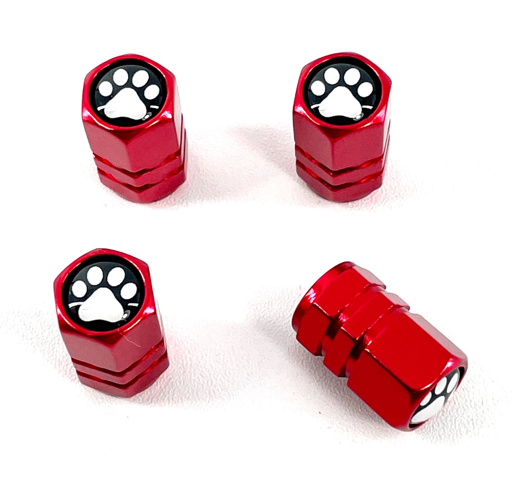 Set of 4 Red Anodized Machined Aluminum Valve Stem Caps Paws Design Tire Air Valve