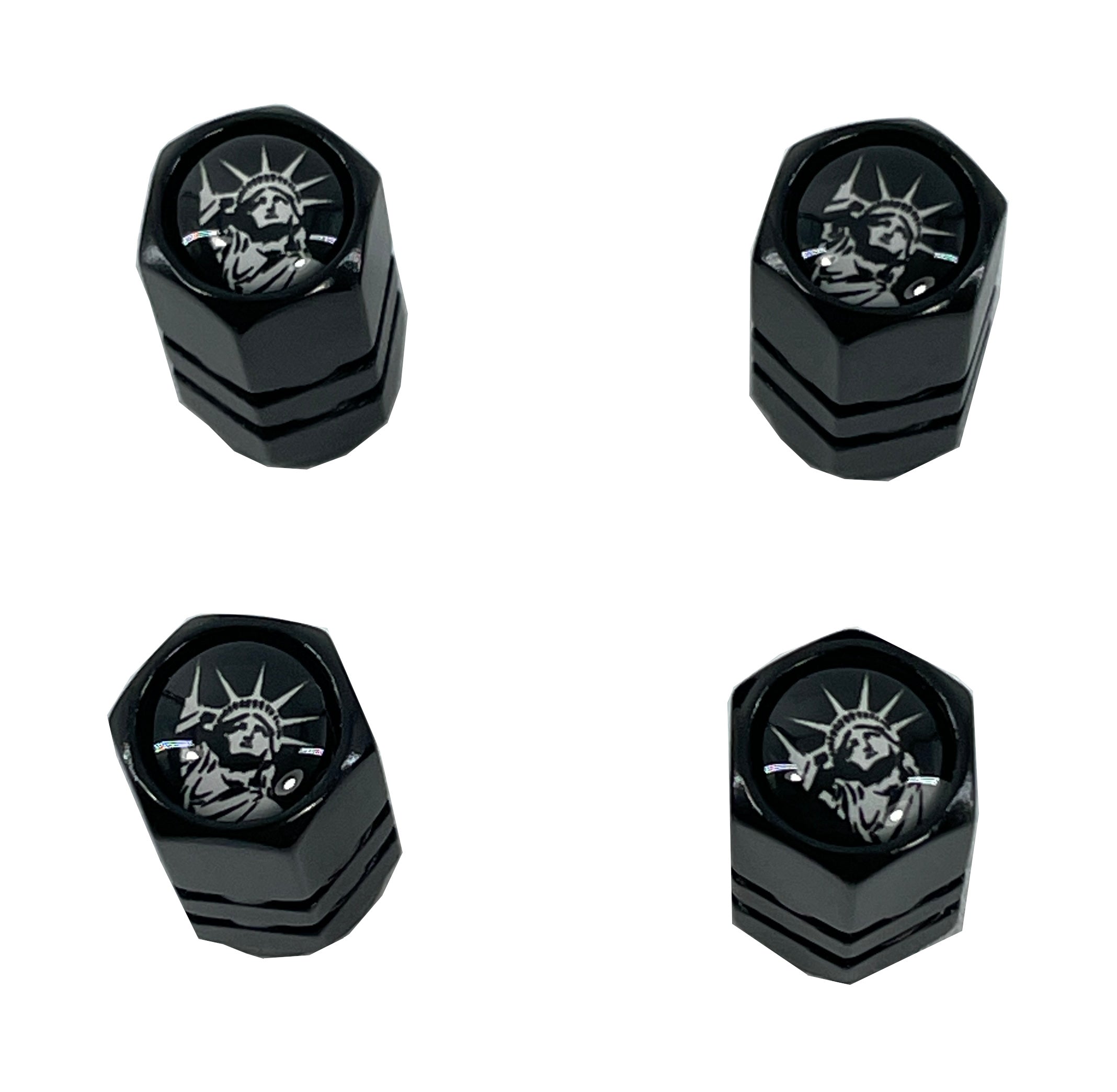 Set of 4 Black Anodized Aluminum Valve Stem Caps Statue of Liberty - American Patriotic