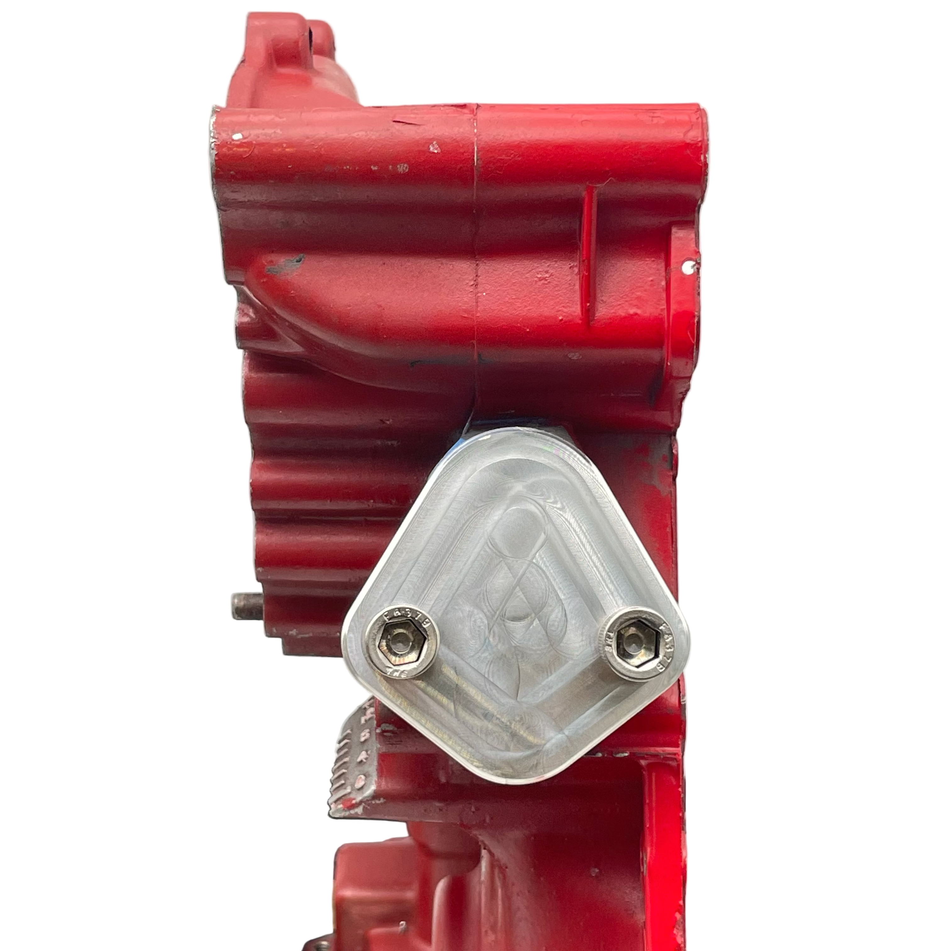 F157 Fuel Pump Block Off Plate installed on Chevy small block engine showing standard 2-bolt pattern 3/8-16 mounting