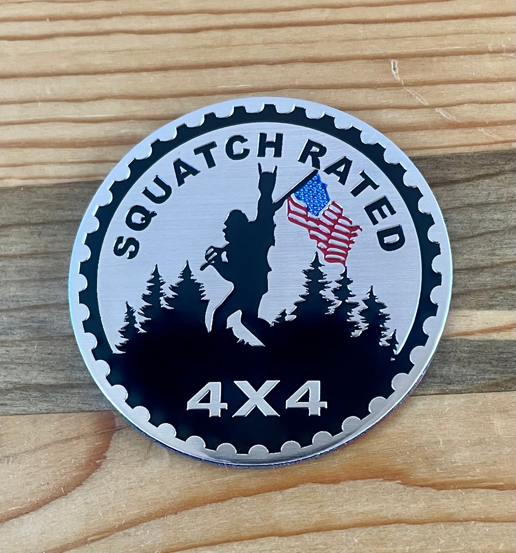 Sasquatch Rated 4x4 Stick-on Fender Badge with American Flag Fits Jeep 4x4