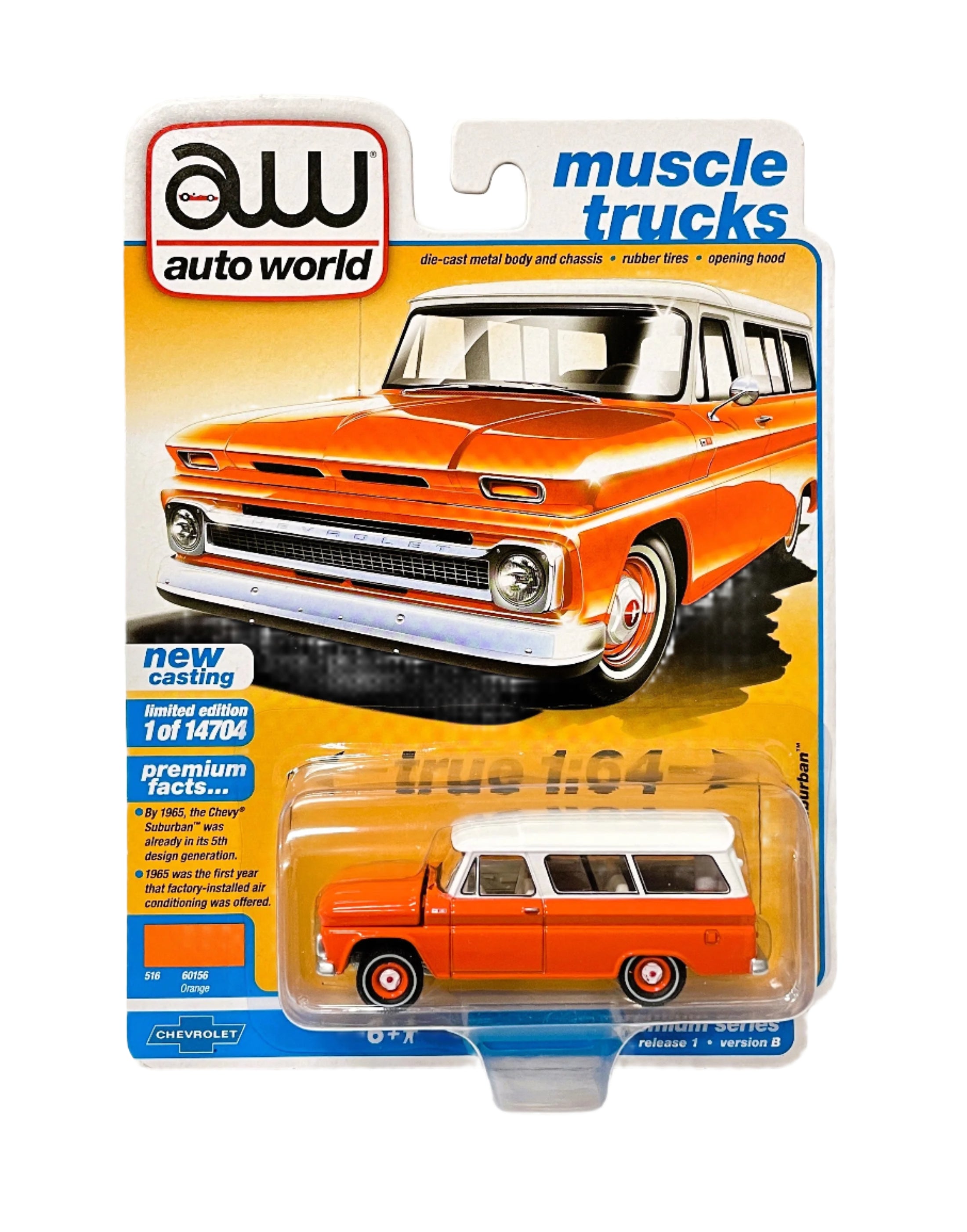 AW Auto World Diecast Cars 1 64 1965 Chevy Suburban Orange R1 VB