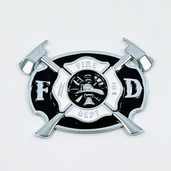 "Fire Dept Metal Badge, 3" x 2-1/4" Chrome, Black and White, Firefighter Shield"