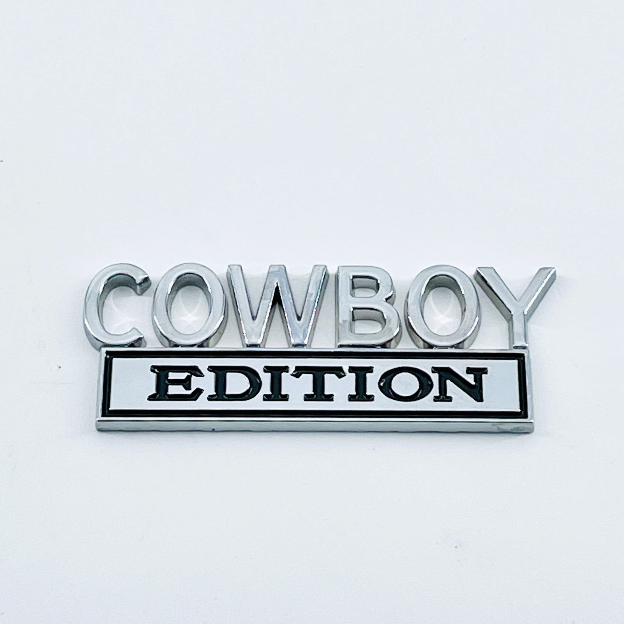 "Cowboy Edition Metal Badge - 3" x 1-1/4" Chrome Auto Emblem - Car Accessory"