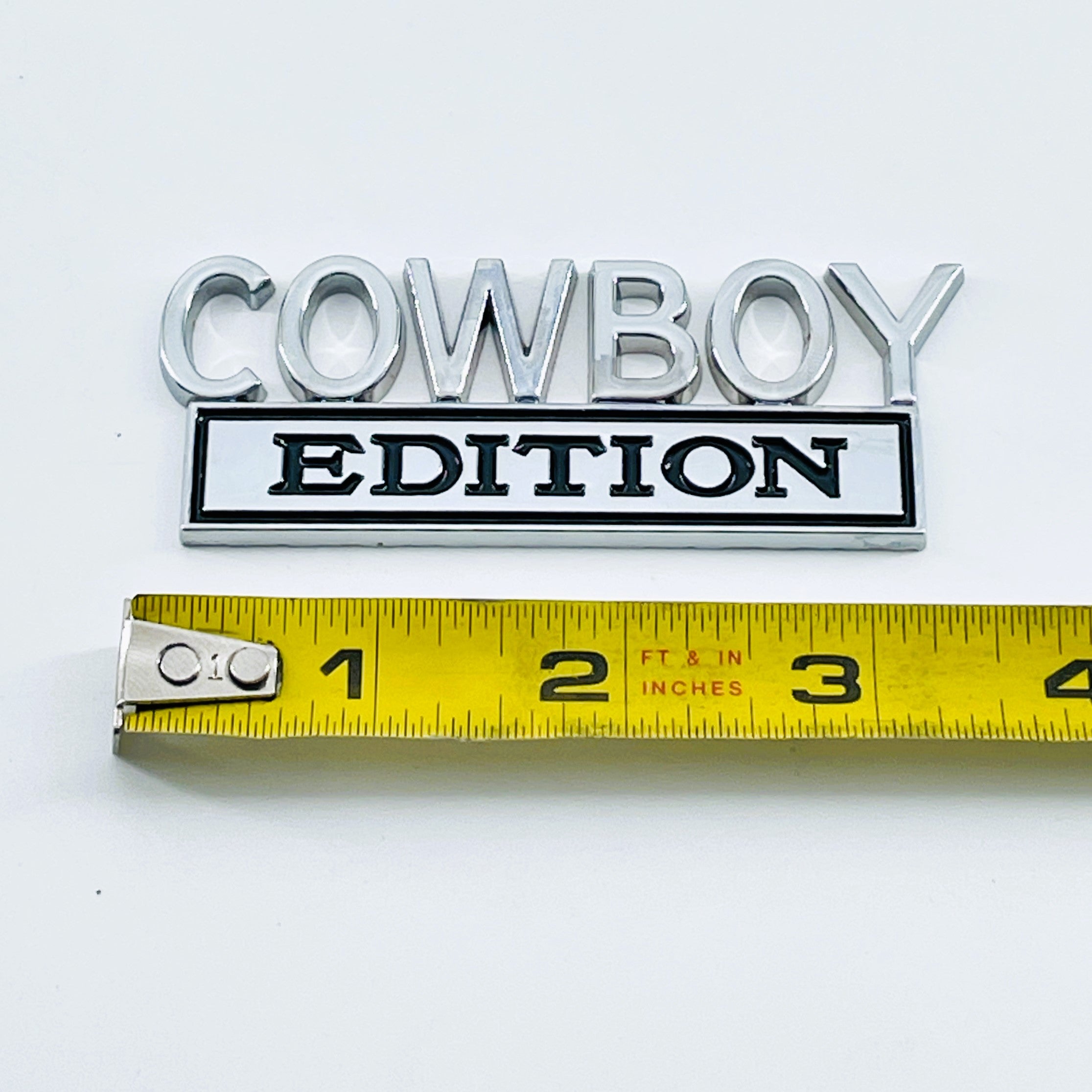 "Cowboy Edition Metal Badge - 3" x 1-1/4" Chrome Auto Emblem - Car Accessory"