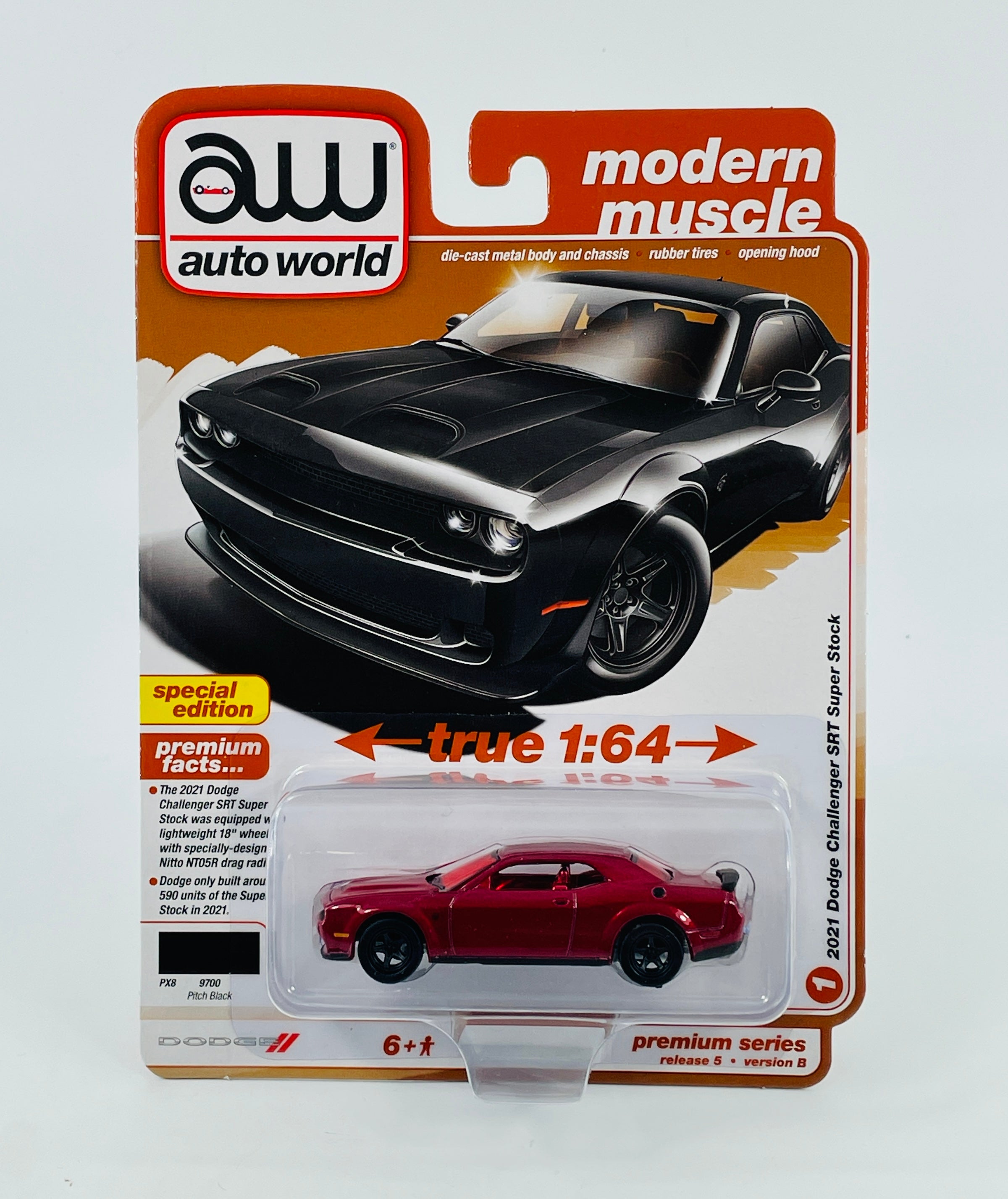 AutoWorld 1/64 2021 Dodge Challenger Super Stock Ultra Red Chase Pitch Black