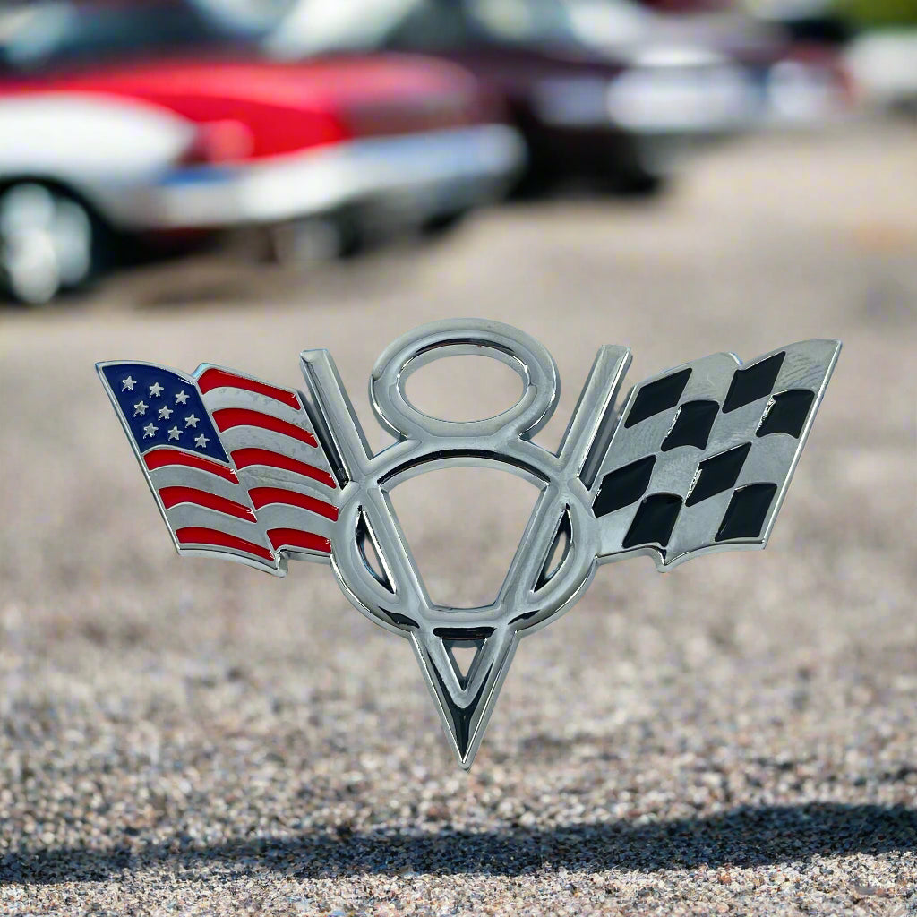 American Flag V8 Auto Emblem Badge 4" x 2" - Classic Car Decal Accessory Muscle Cars