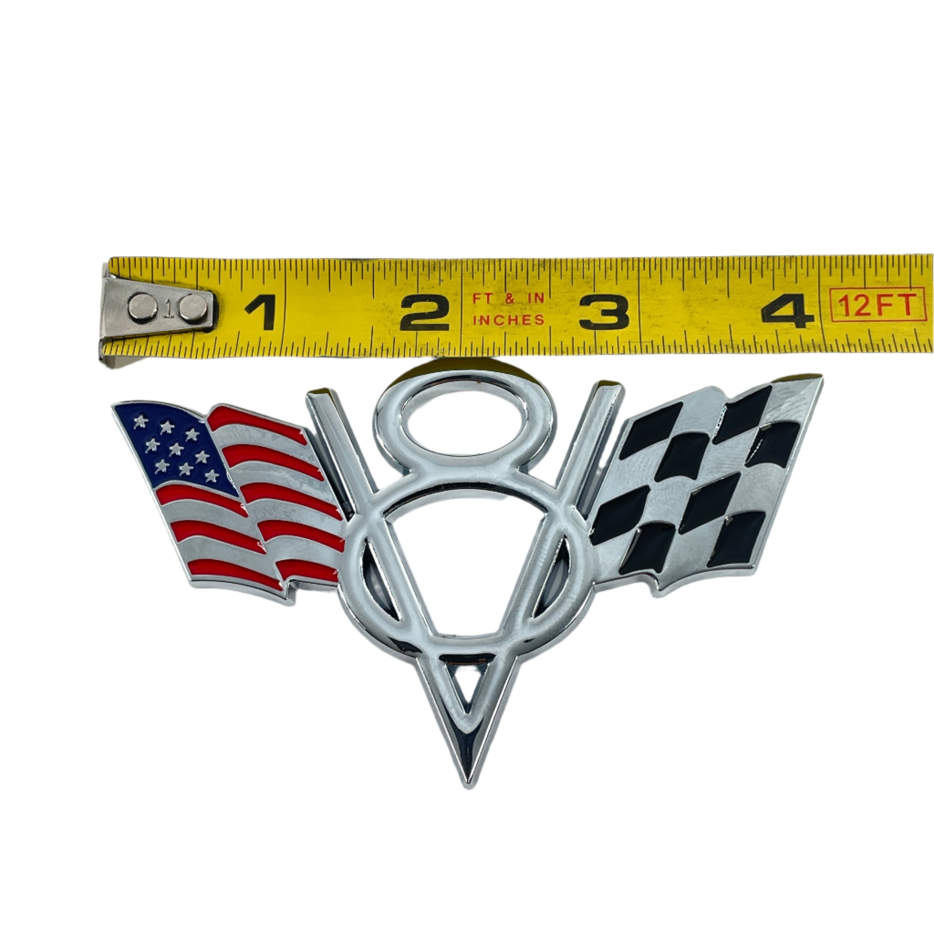 American Flag V8 Auto Emblem Badge 4" x 2" - Classic Car Decal Accessory Muscle Cars