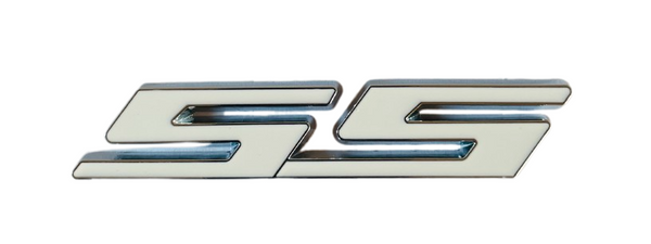 White on Chrome SS Auto Emblem Badge 3.75" x 0.75" - Sleek Car Decal Accessory