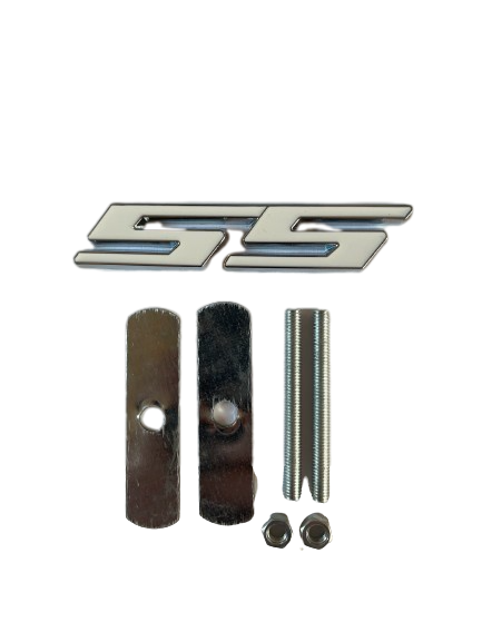 White on Chrome SS Auto Emblem Grill Badge 3.75" x 0.75" - Stylish Car Decal Accessory