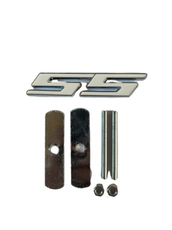 White on Chrome SS Auto Emblem Grill Badge 3.75" x 0.75" - Stylish Car Decal Accessory