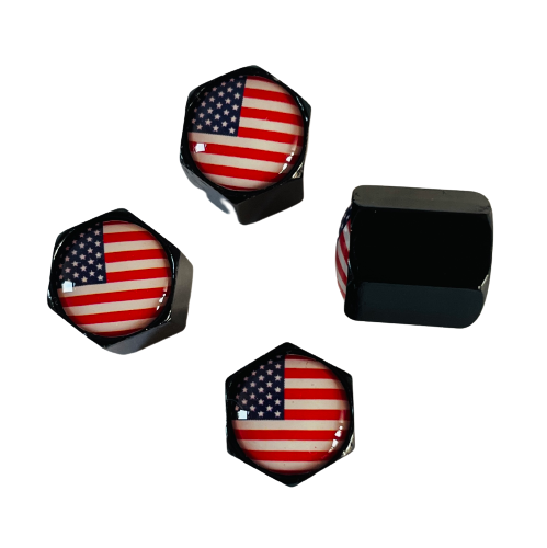Set of 4 Black Valve Stem Caps with American Flag Logo - Patriotic Car Accessories