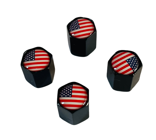 Set of 4 Black Valve Stem Caps with American Flag Logo - Patriotic Car Accessories