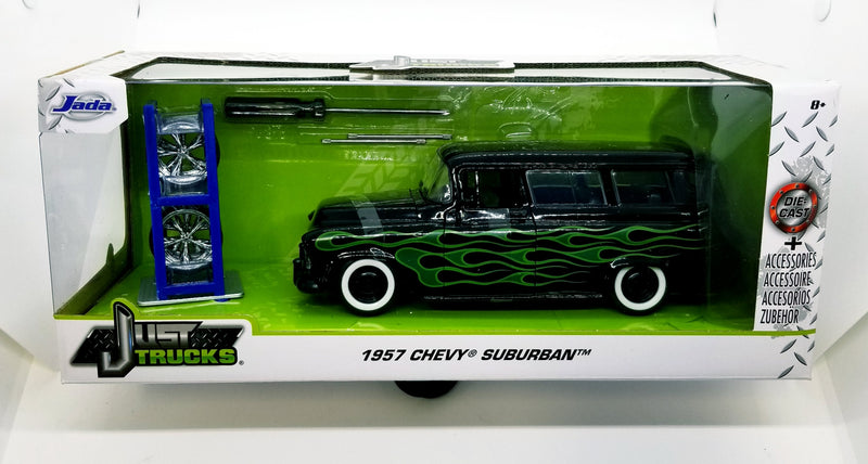 Jada Toys Just Trucks 1957 Chevy Suburban Black/Flames Spare Wheels item 97821 1:24