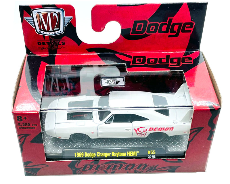 M2 Machines 1969 Dodge Charger Daytona HEMI Demon R55 White Die Cast Car 1:64