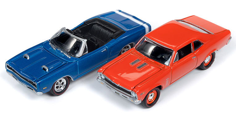 Johnny Lightning 1969 Dodge Coronet R/T Convertible Metallic Blue and 1969 Chevrolet Nova SS 396 Hugger Orange Set of 2 Pieces Class of 1969 Limited