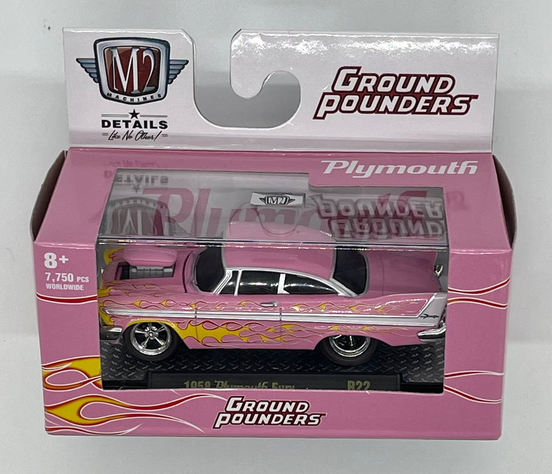 1958 Plymouth Fury Pink Yellow Flames M2 Machines Groundpounders Die Cast Car 1:64
