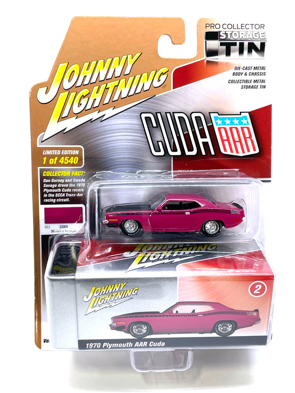 Johnny Lightning Collector Storage Tin 1970 Plymouth AAR Cuda R3 Moulin Rouge Pink Die Cast Car 1:64