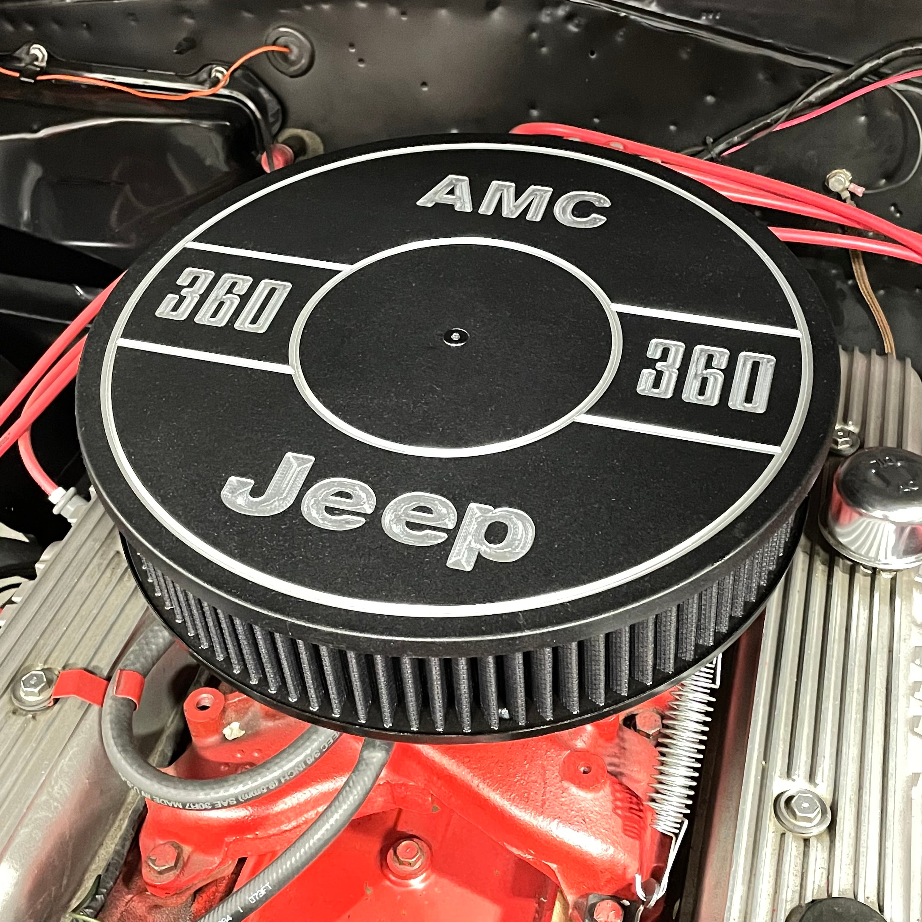 AMC 304 air cleaner lid installed on Jeep CJ V8 engine showing custom engraving detail