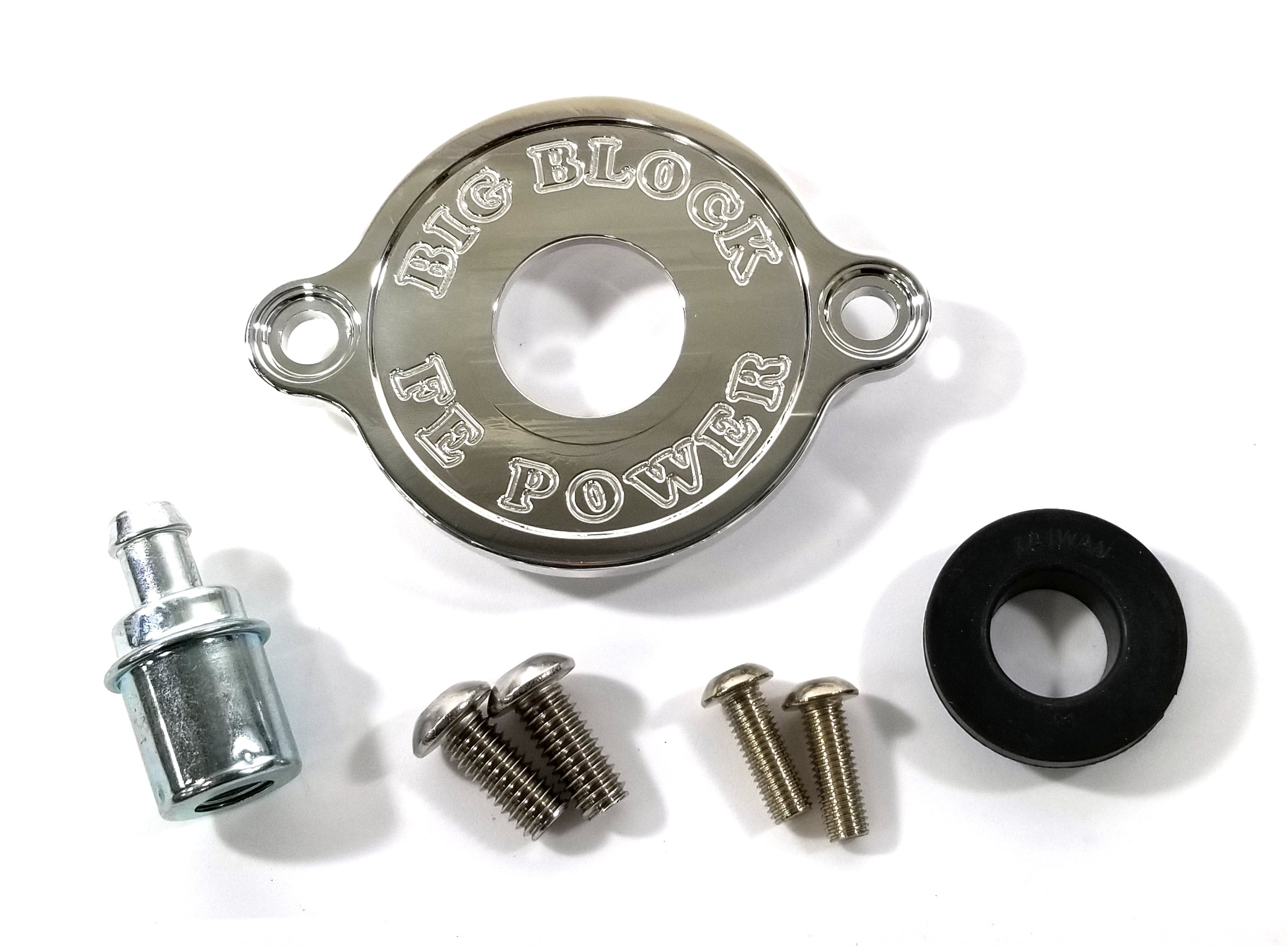 M1002 intake manifold breather plate kit engraved text Ford FE dual hardware PCV grommet valve complete kit USA-made
