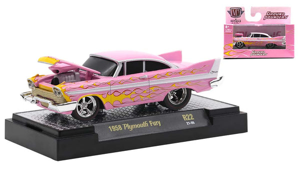 1958 Plymouth Fury Pink Yellow Flames M2 Machines Groundpounders Die Cast Car 1:64